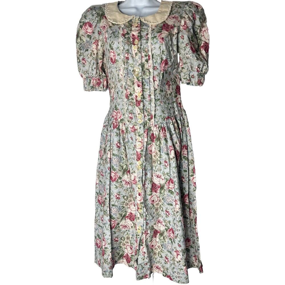Vtg 80s My Michelle Floral Victorian Style Cottage Core Prairie Tea Midi Dress 4